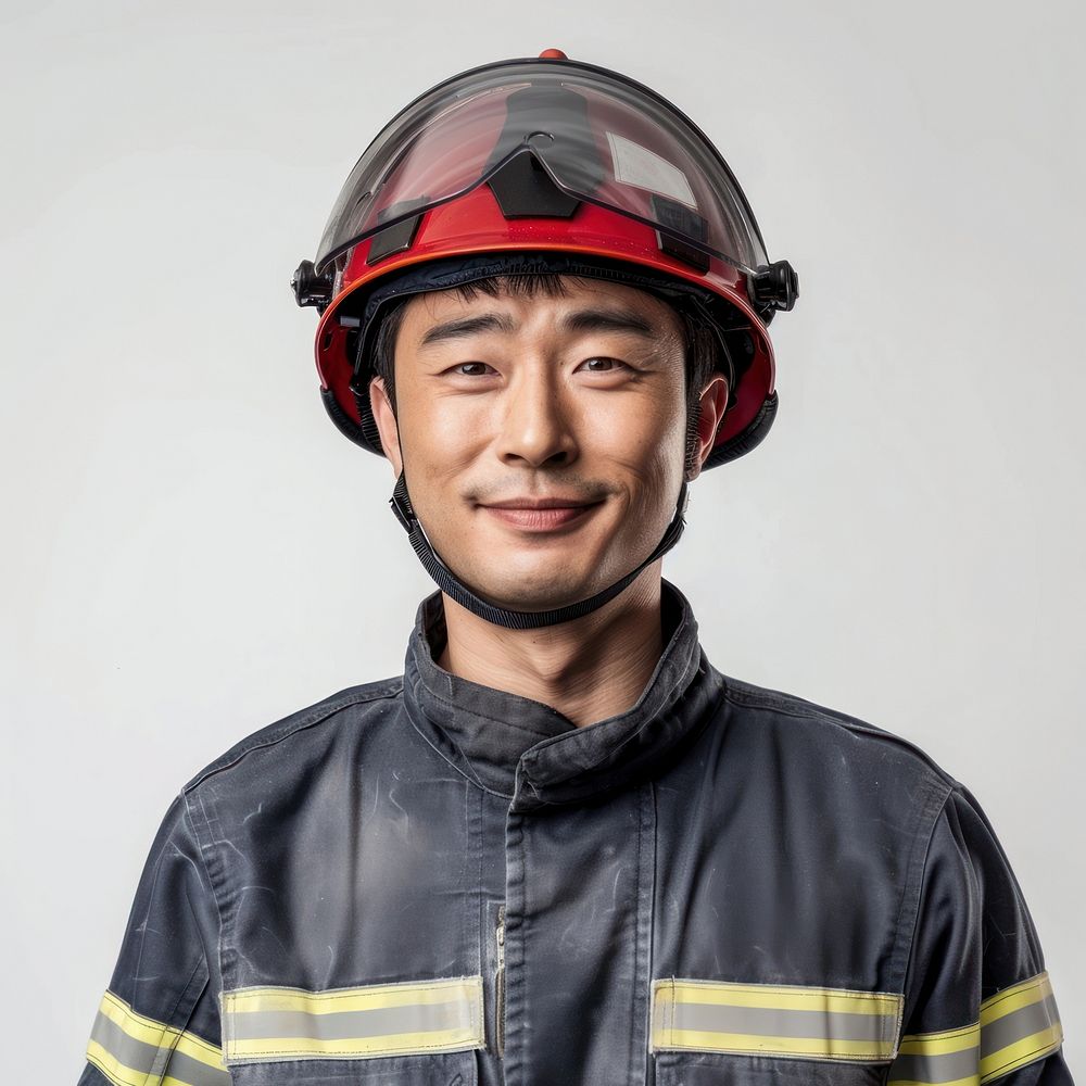 Korean firefighter smile fireman person helmet.