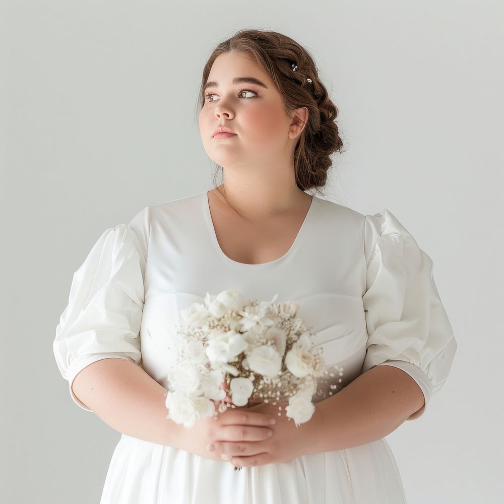 Plus size woman wear portrait wedding dress.
