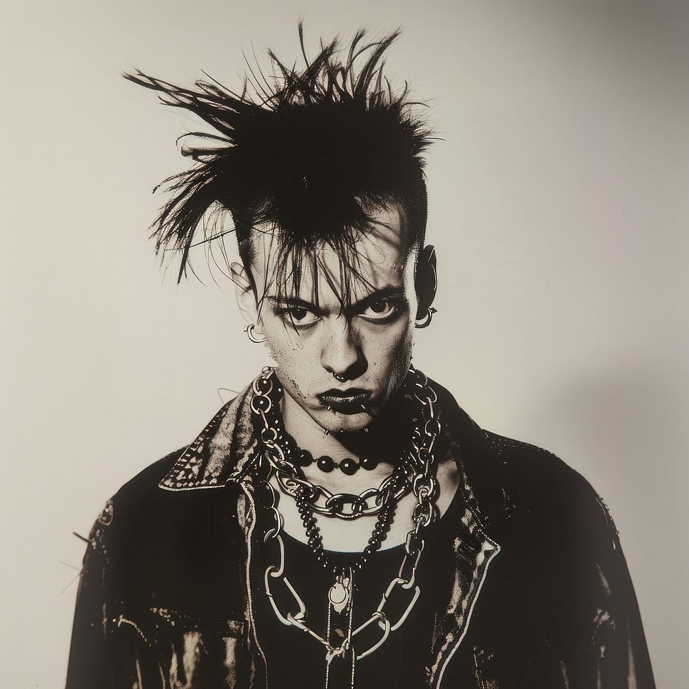 Punk man wearing chain necklace portrait photo face.