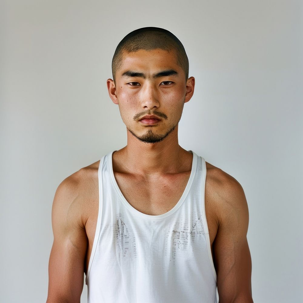 Skinhead asian man portrait photo face.