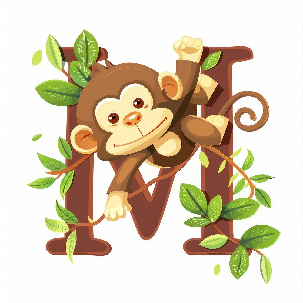 Letter M with monkey alphabet mammal plant.