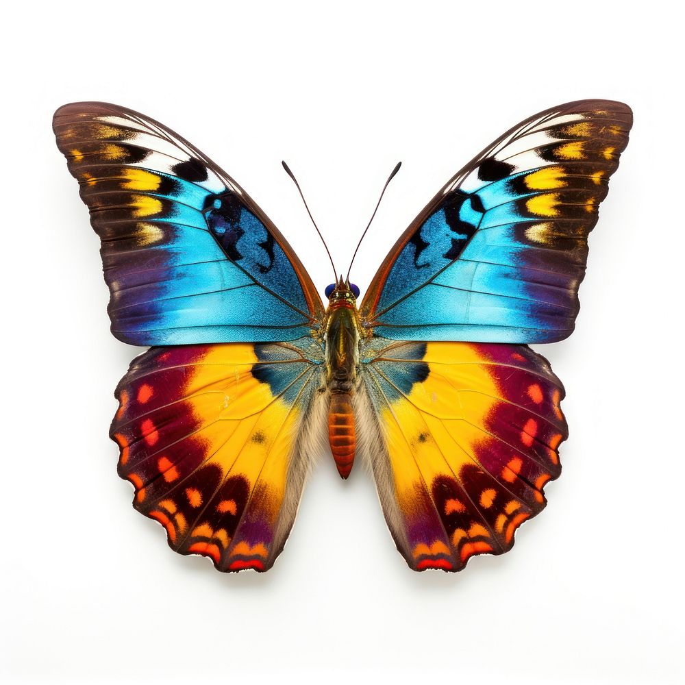 Brightly colored butterfly animal insect white background.