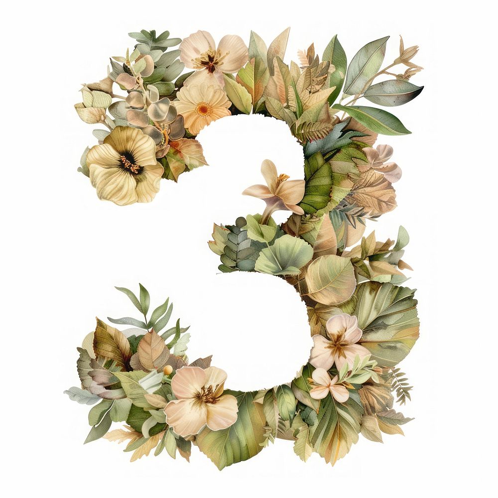 The letter number 3 wreath plant white background.