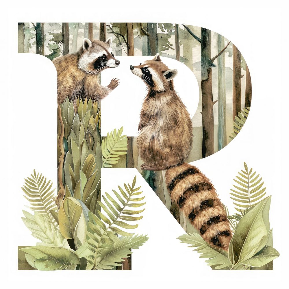 The letter R raccoon wildlife drawing.