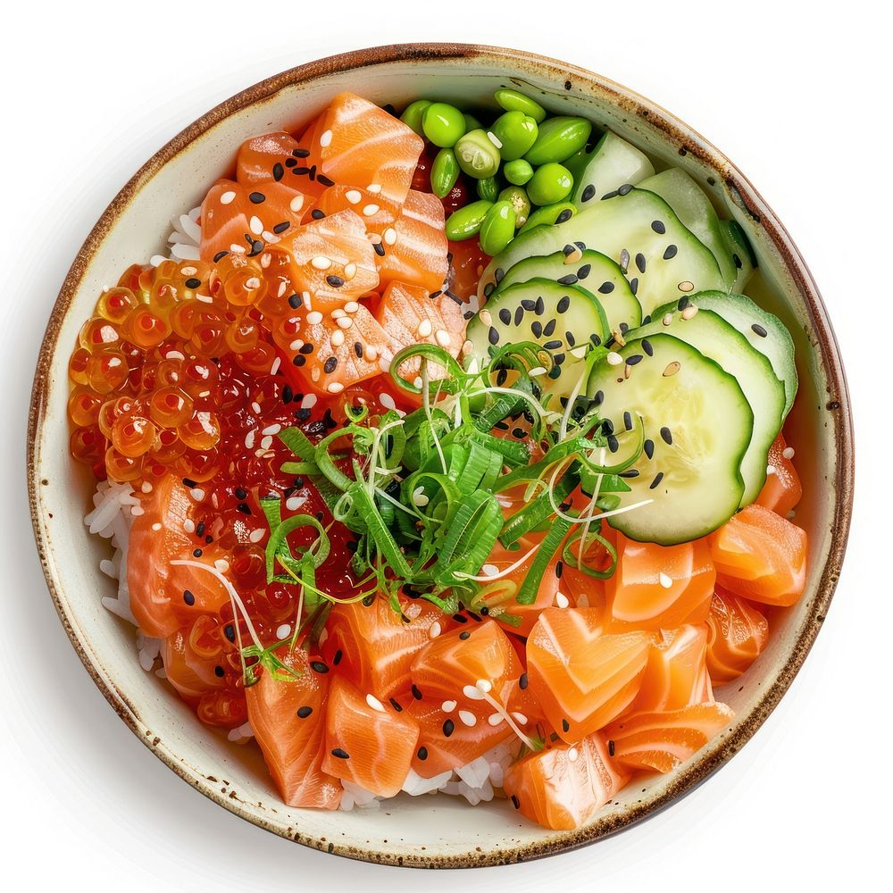 Salmon poke bowl seafood plate meal.