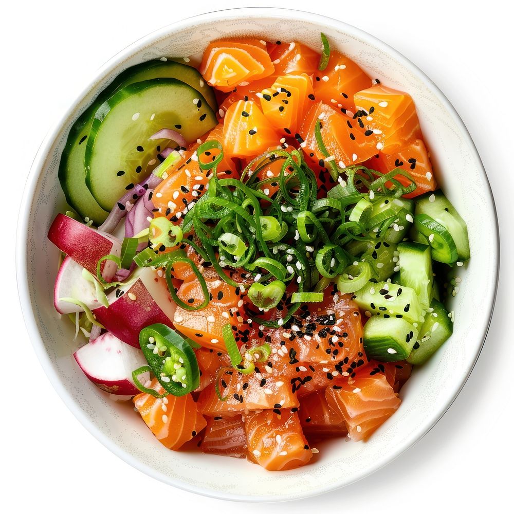 Salmon poke bowl plate food meal.