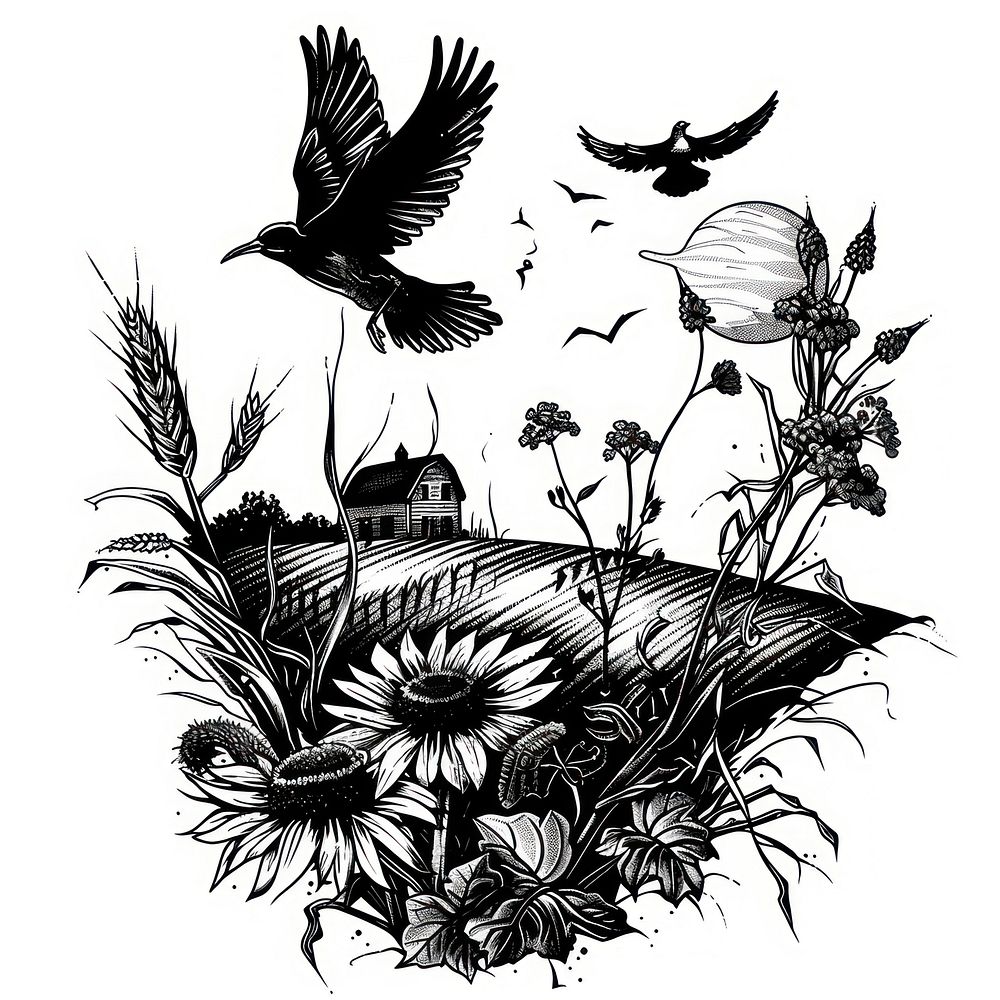 Farm field drawing illustrated blackbird. | Free Photo Illustration ...