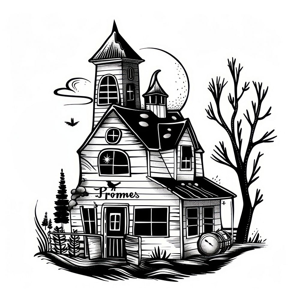 Farmhouse drawing illustrated bonfire.