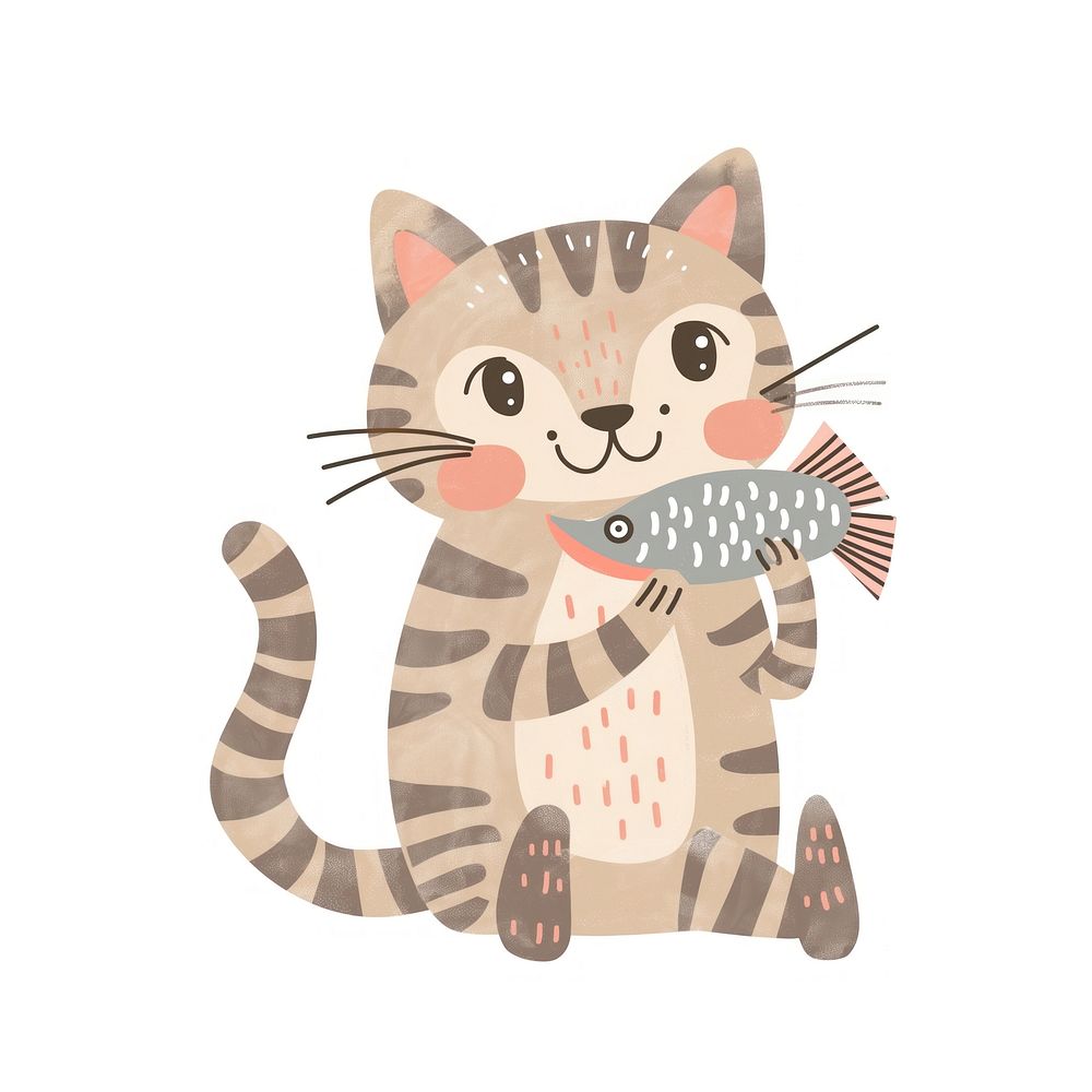 Tabby kitten holding fish cat animal mammal.