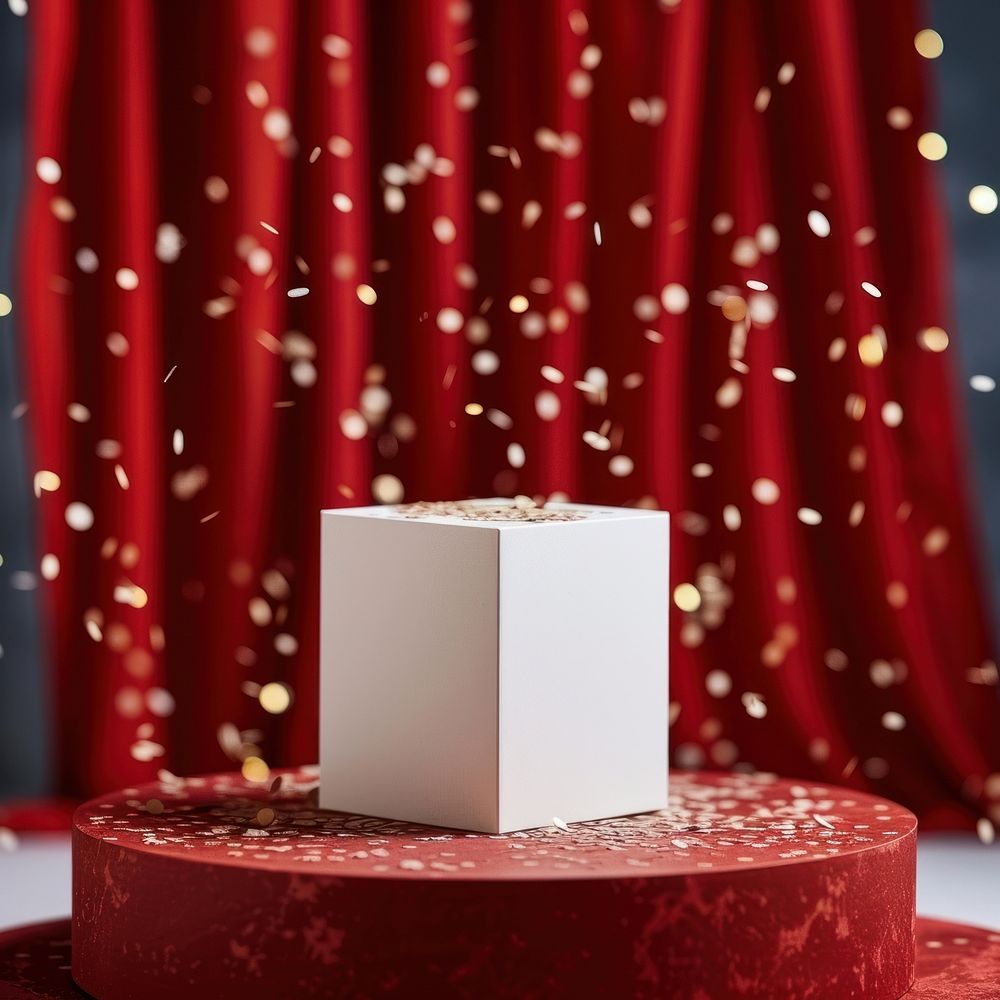 White gift box and gold confetti.