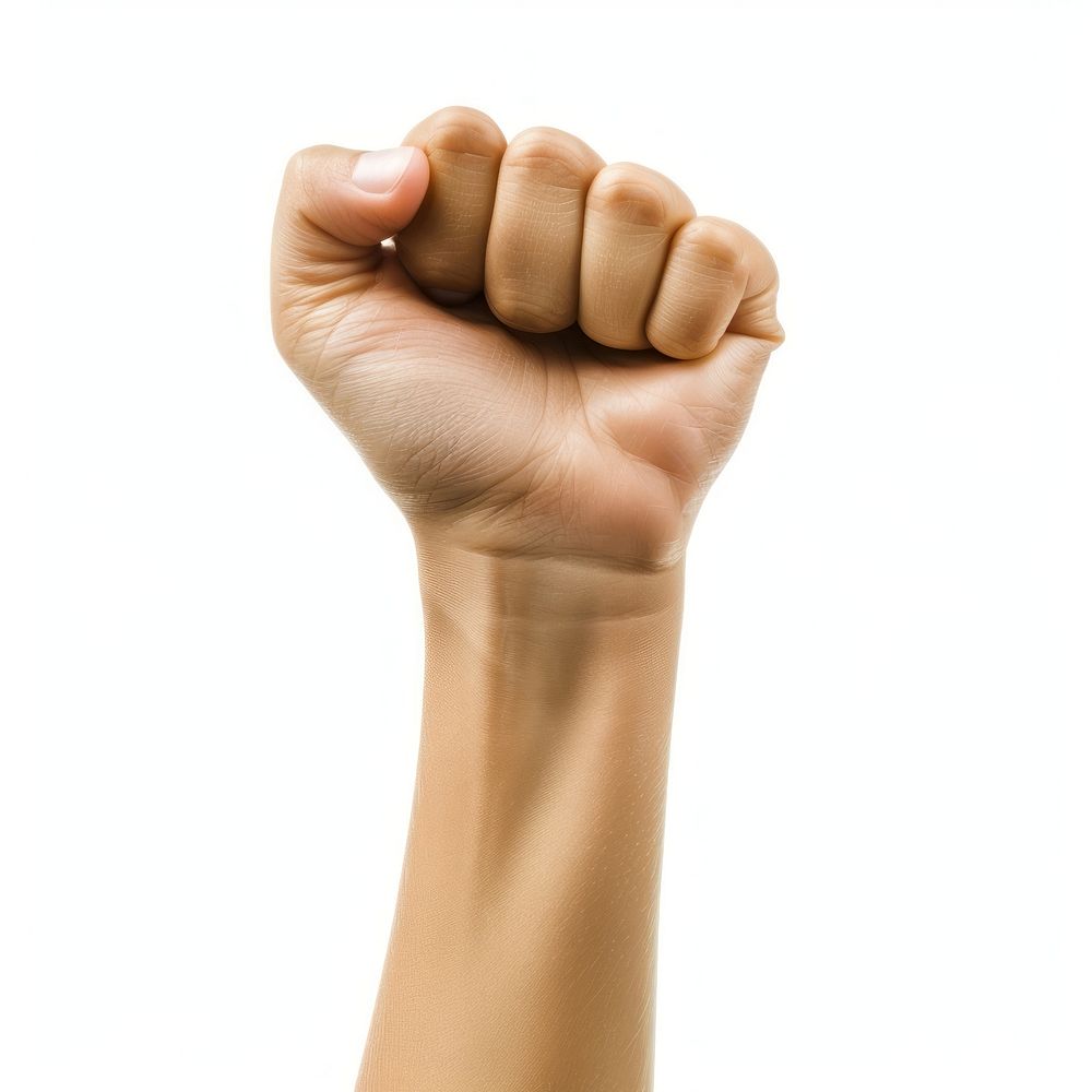 A person raising a fist finger hand white background.