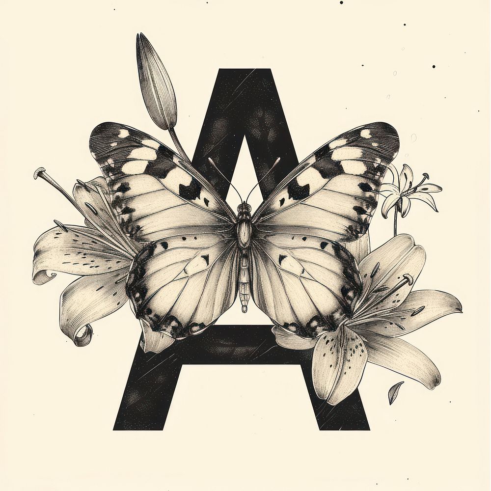 Letter A flower butterfly drawing.