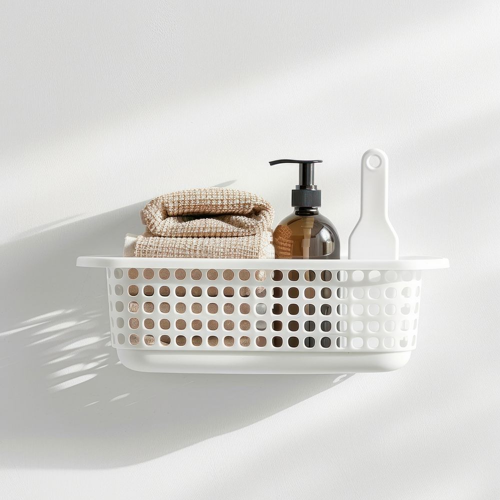 White basket with suction cup bottle.