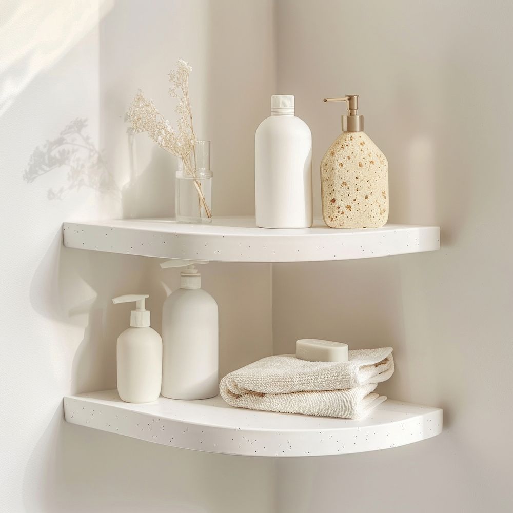 White corner shelf bathroom furniture candle linen.