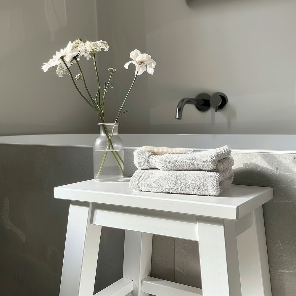 White step stool bathroom furniture blossom cushion.