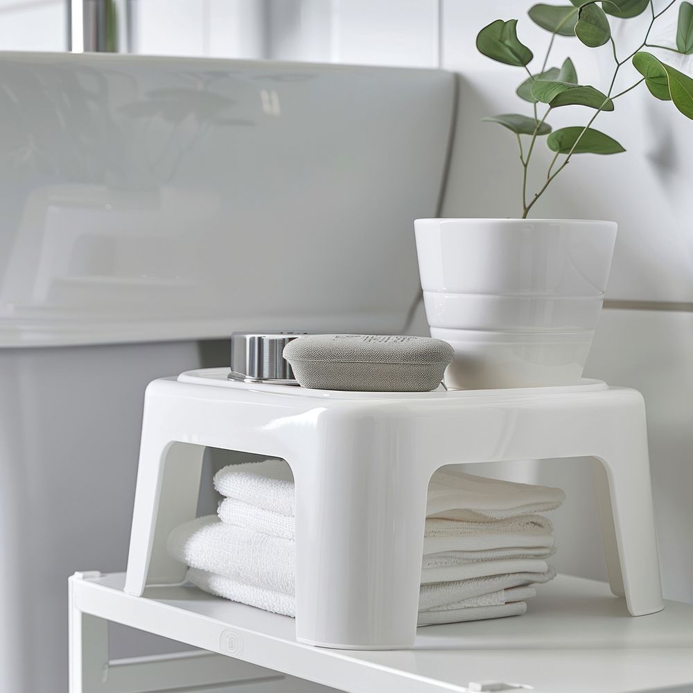 White step stool bathroom furniture plant towel.
