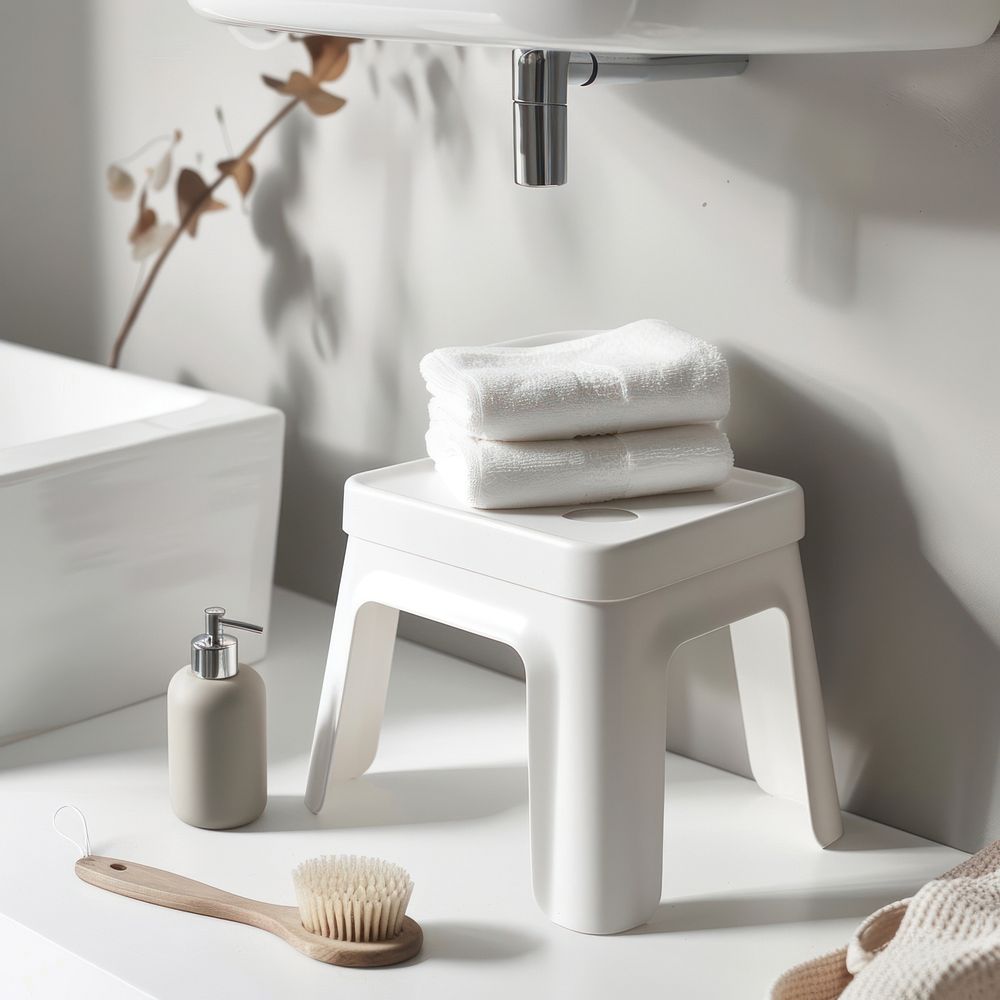 White step stool bathroom toothbrush device towel.