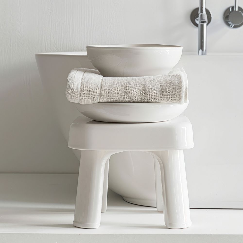 White step stool bathroom indoors towel sink.