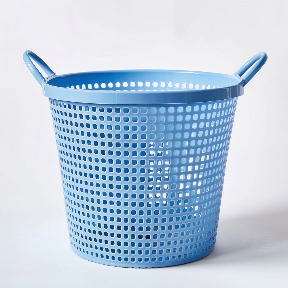Empty blue flexible laundry basket bottle shaker.