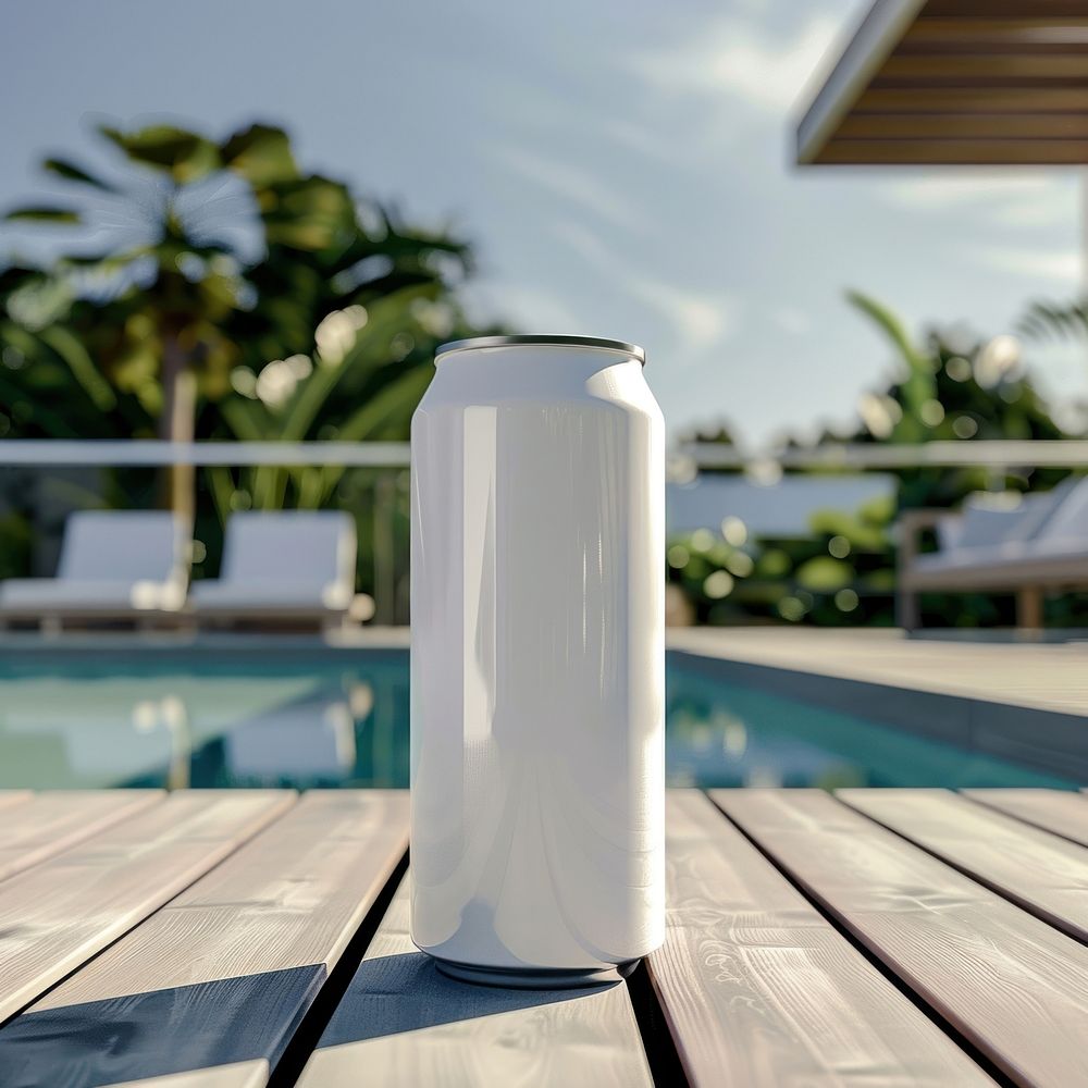 Blank white can mockup pool furniture beverage.