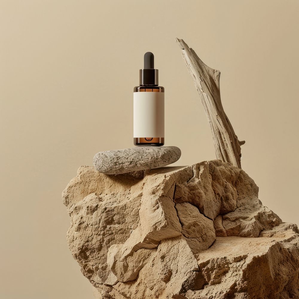 Skincare bottle set packaging mockup wood rock cosmetics.