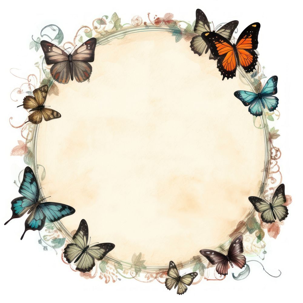 Vintage butterfly circle frame paper white background invertebrate.