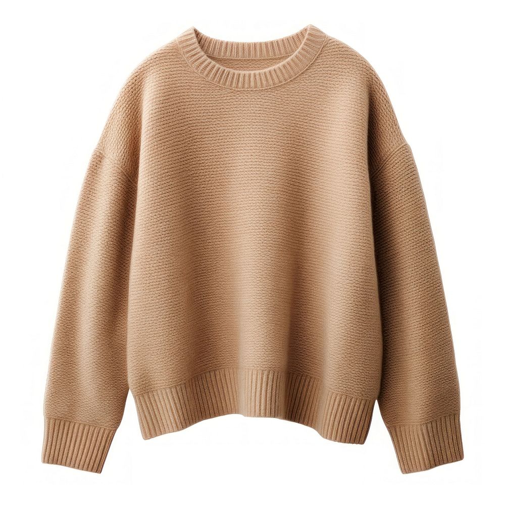 Light pastel brown sweater sweatshirt white background coathanger.