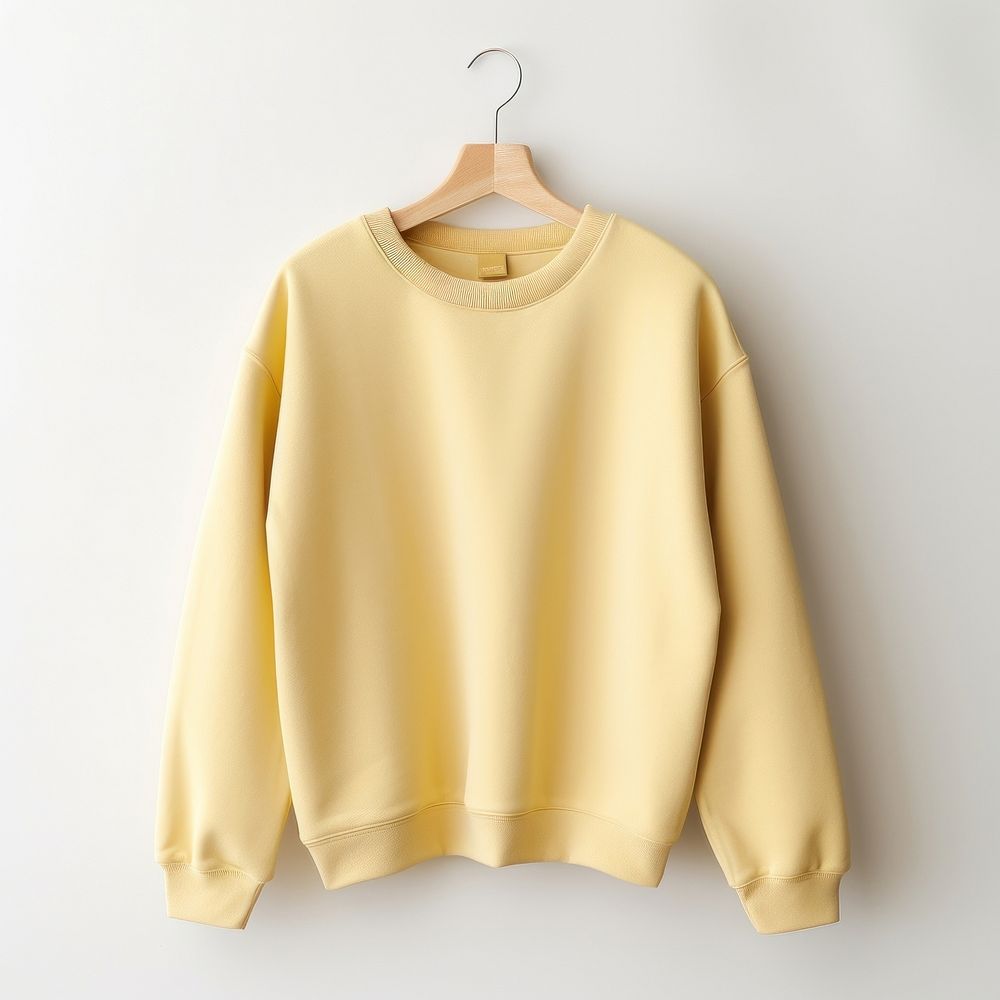 Light pastel yellow sweater sweatshirt white background coathanger.