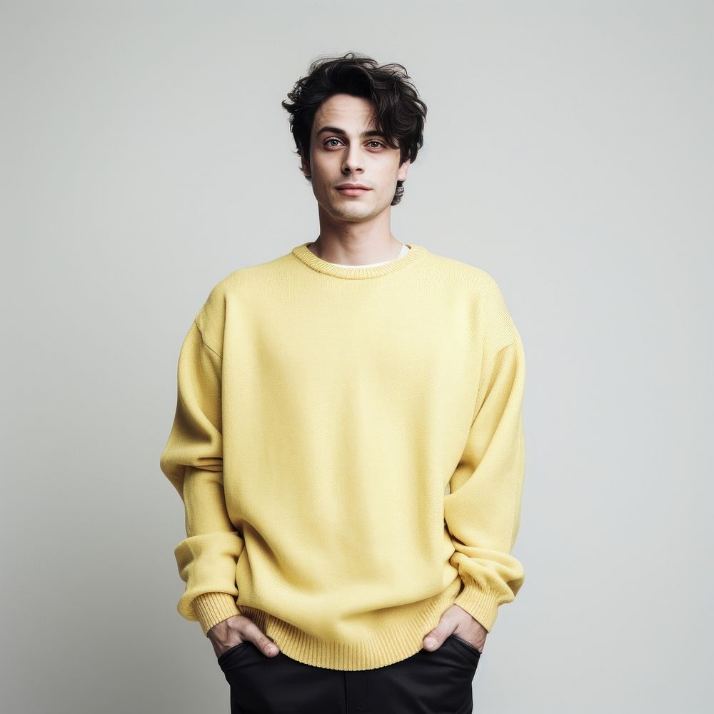 Light pastel yellow sweater sweatshirt white background outerwear.