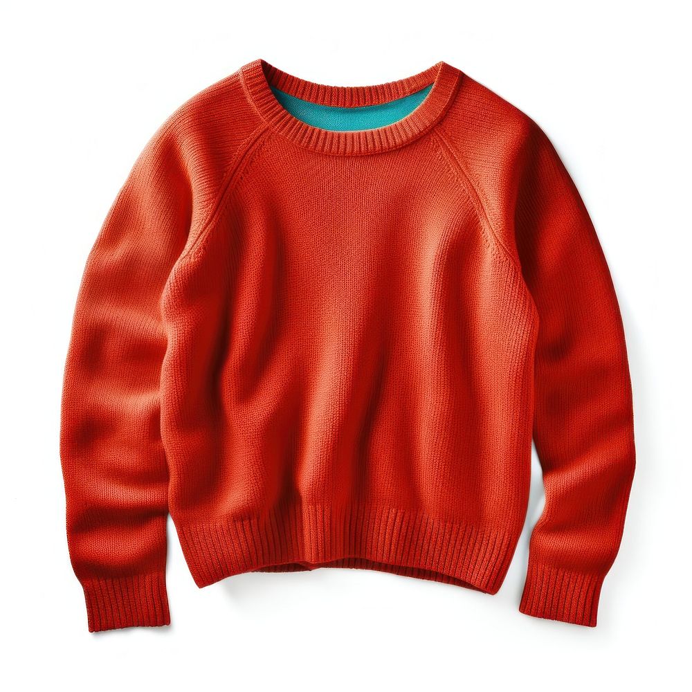 Light teal sweater sweatshirt red white background.