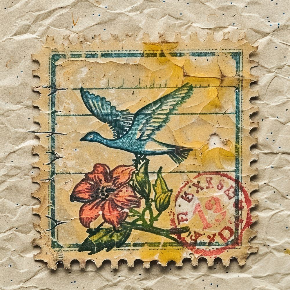 Postage stamp with ornament bird art representation.