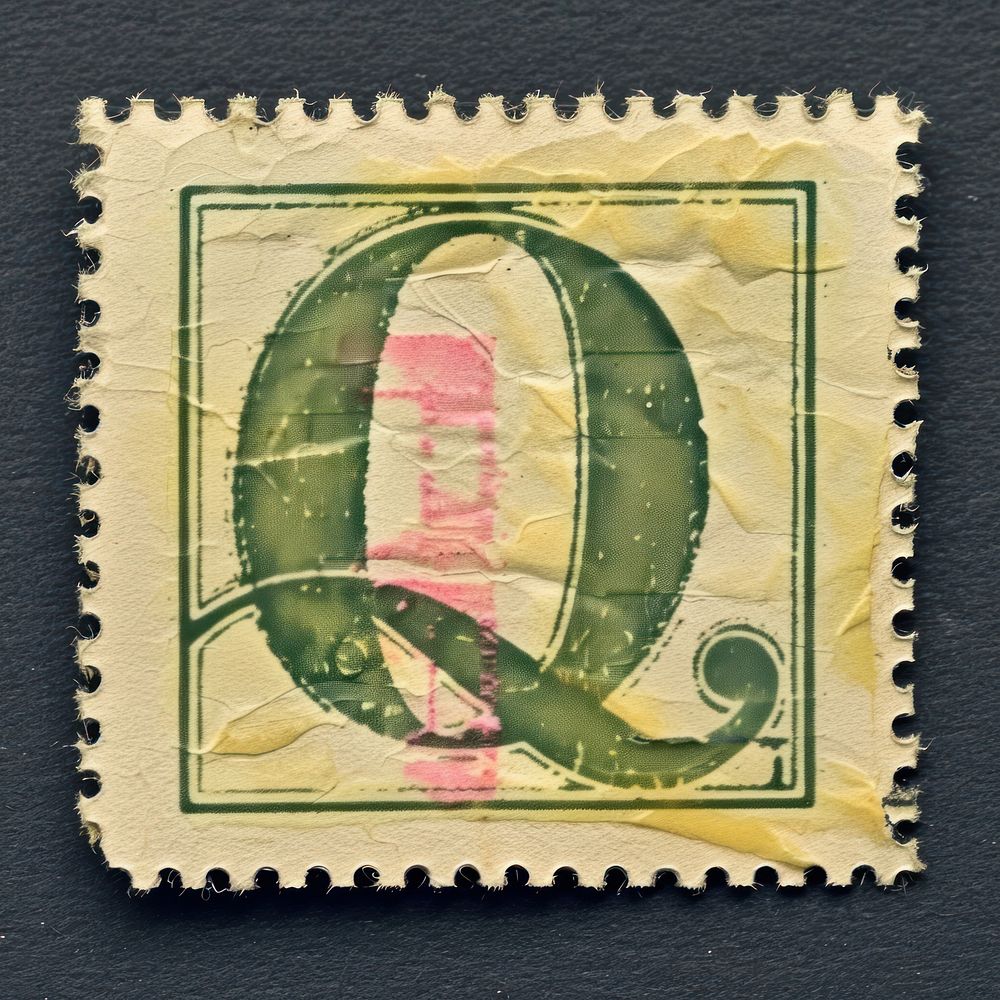 Stamp with alphabet Q paper text font.