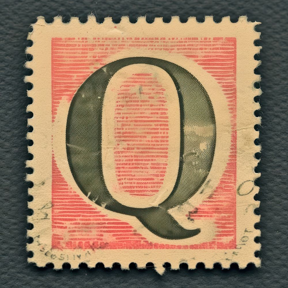 Stamp with alphabet Q paper text font.