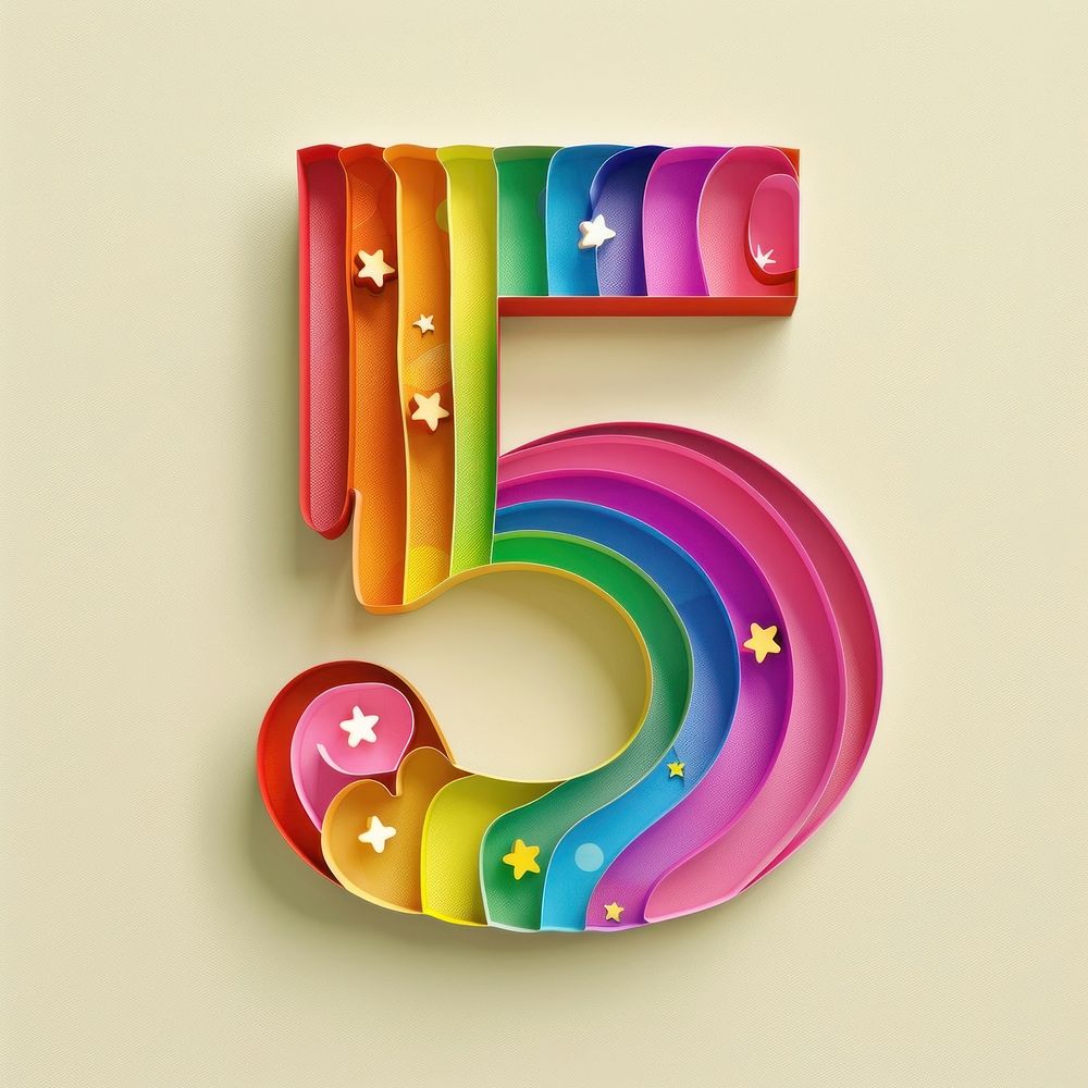 Rainbow with number 5 dessert symbol cream.