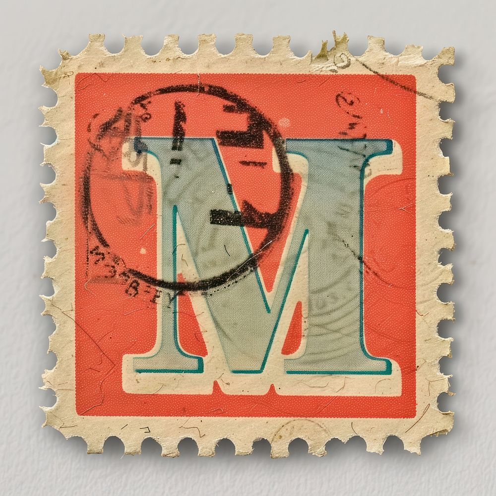 Stamp with alphabet M font text art.