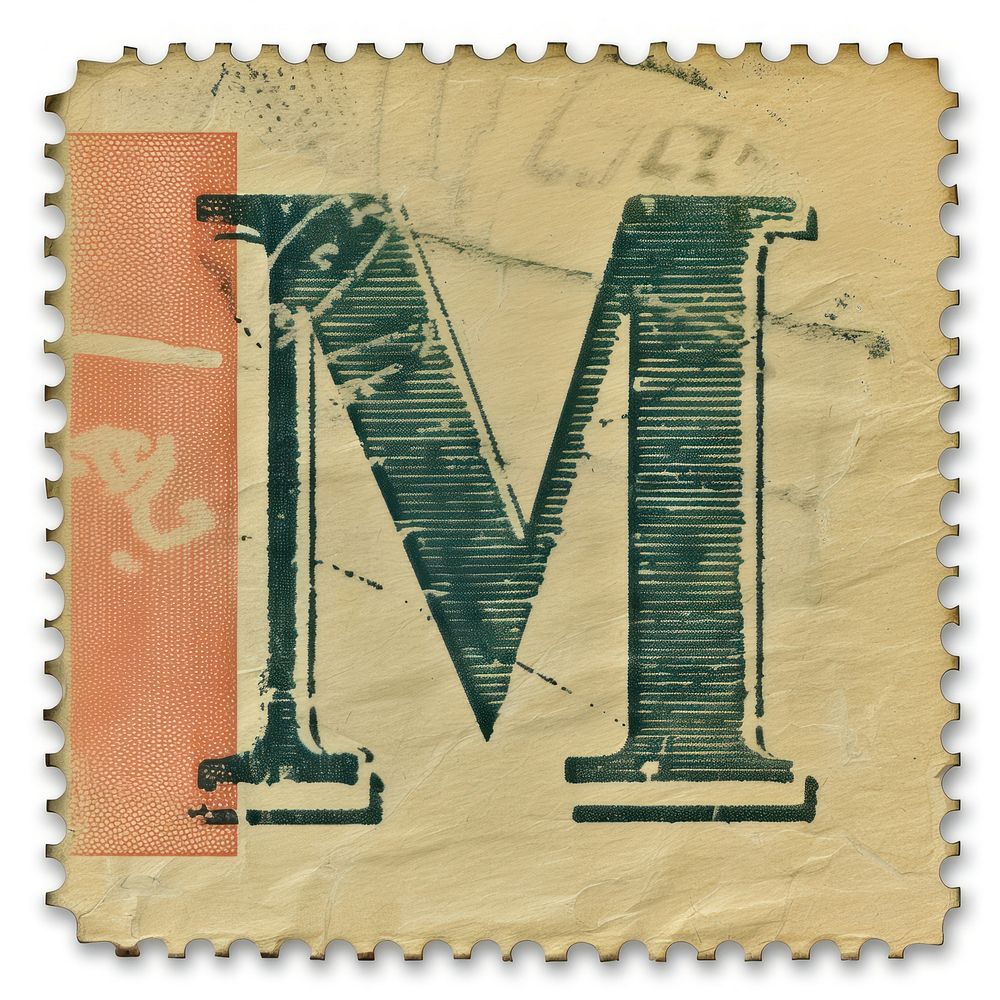 Stamp with alphabet M paper font text.