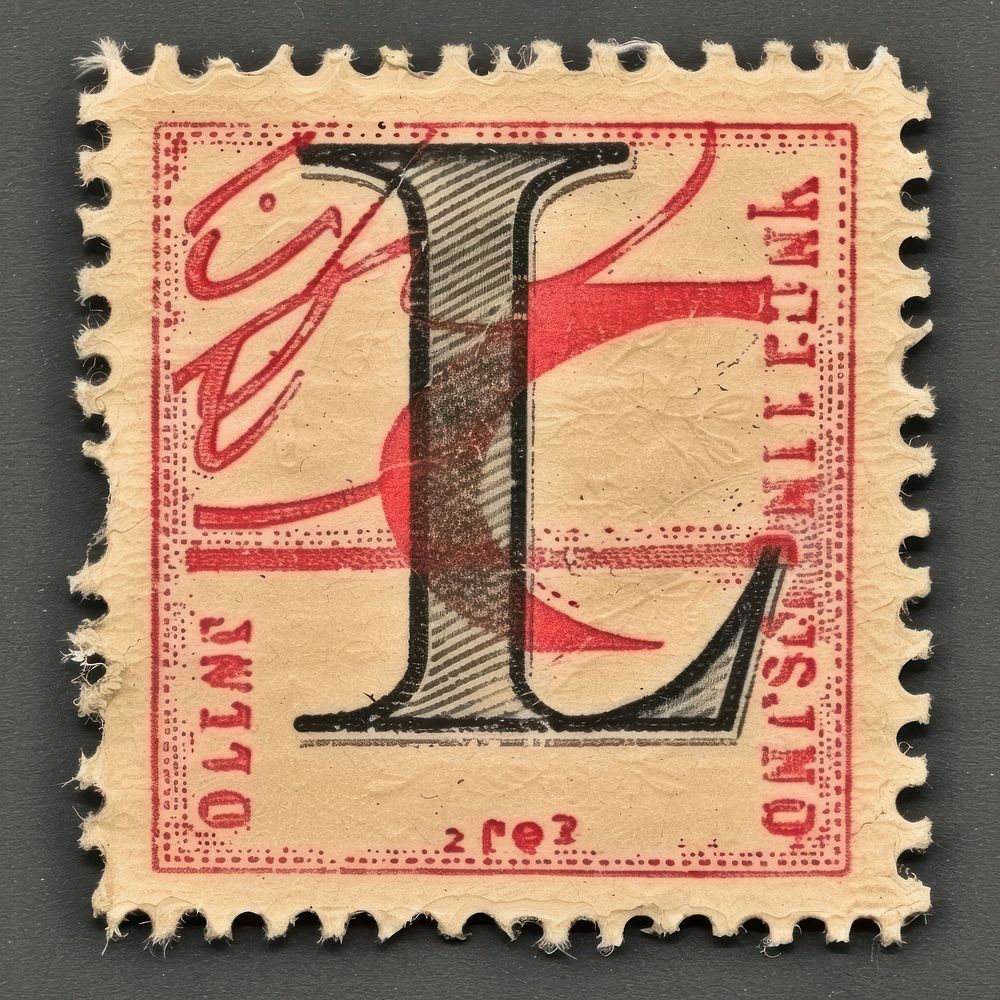 Stamp with alphabet L paper text font.