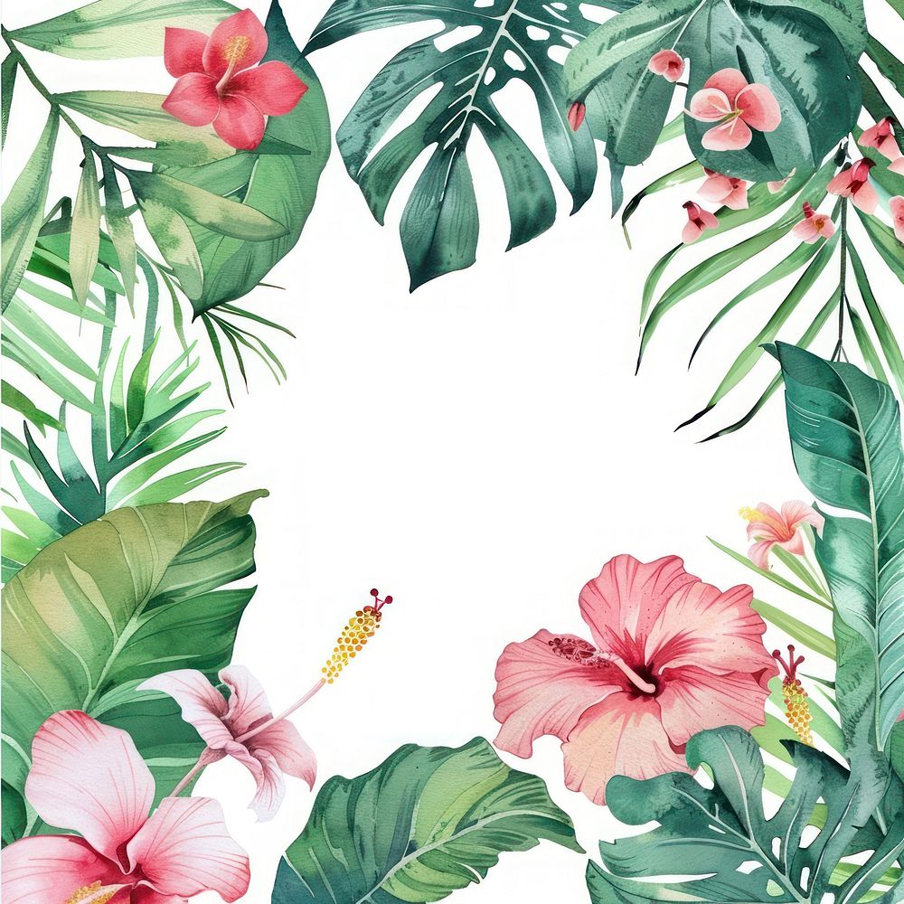 Tropical flower border watercolor backgrounds hibiscus outdoors.