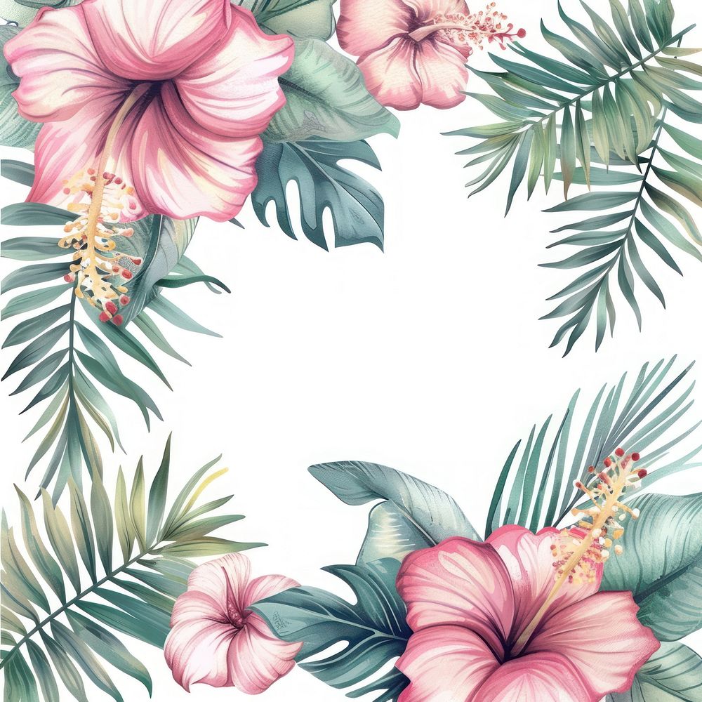 Tropical flower border watercolor backgrounds hibiscus pattern.