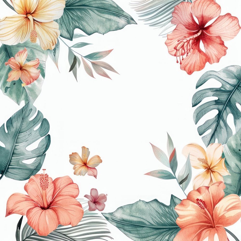 Tropical flowers border watercolor backgrounds hibiscus pattern.