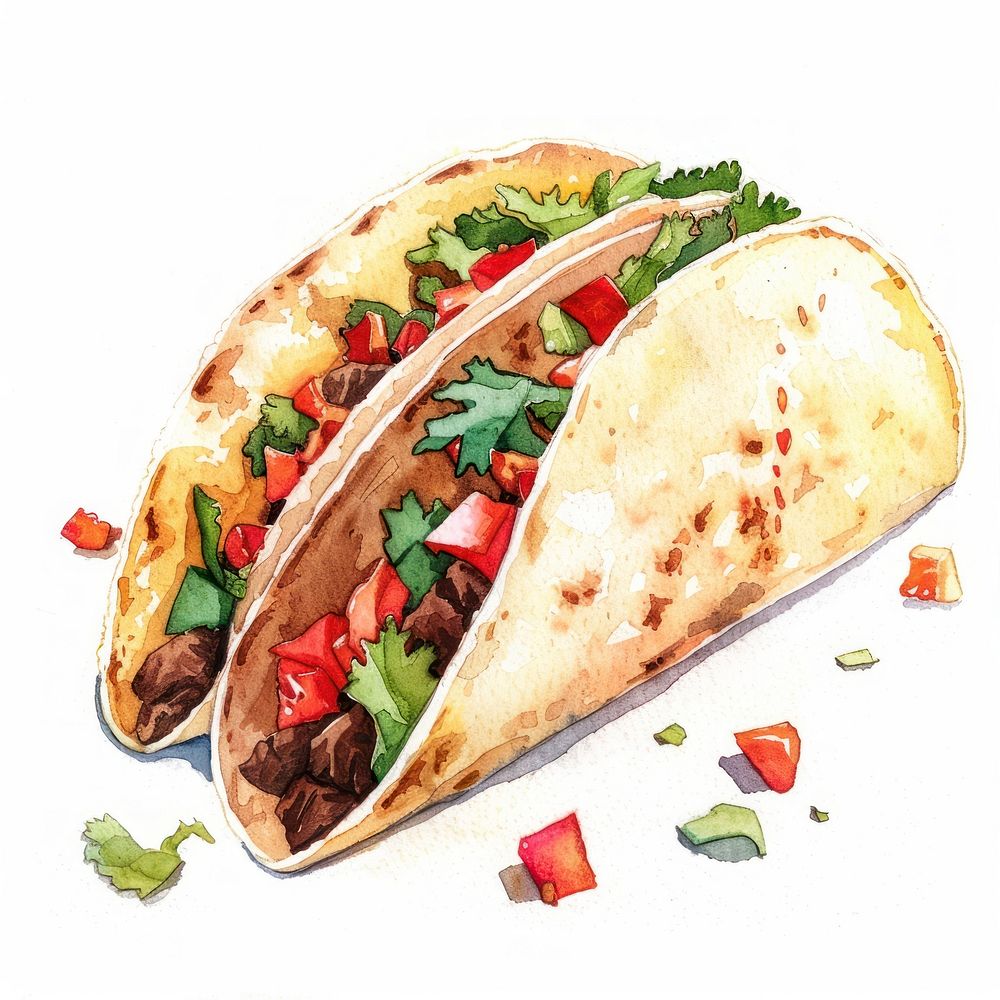 Beef taco border watercolor bread food white background.