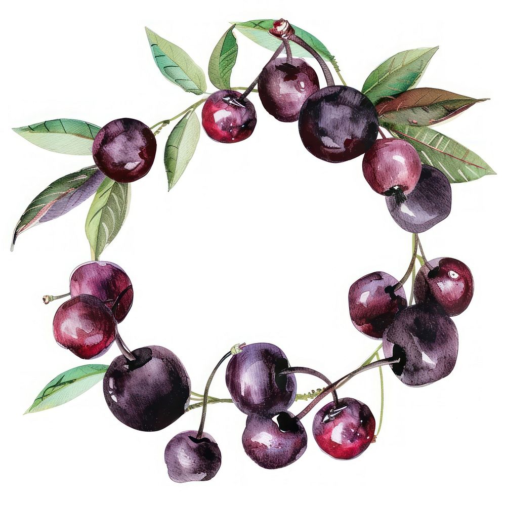 Black cherry border watercolor fruit plant food.