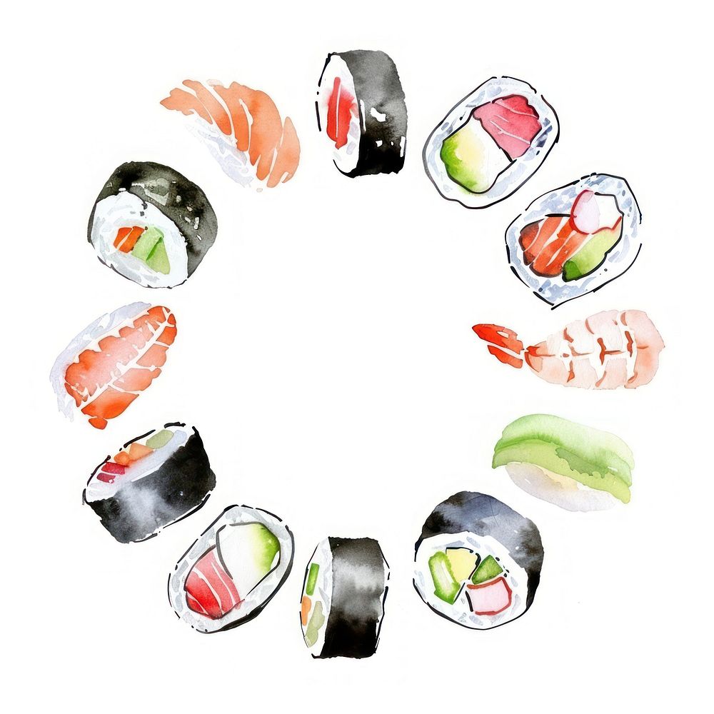 Sushi border watercolor rice food white background.
