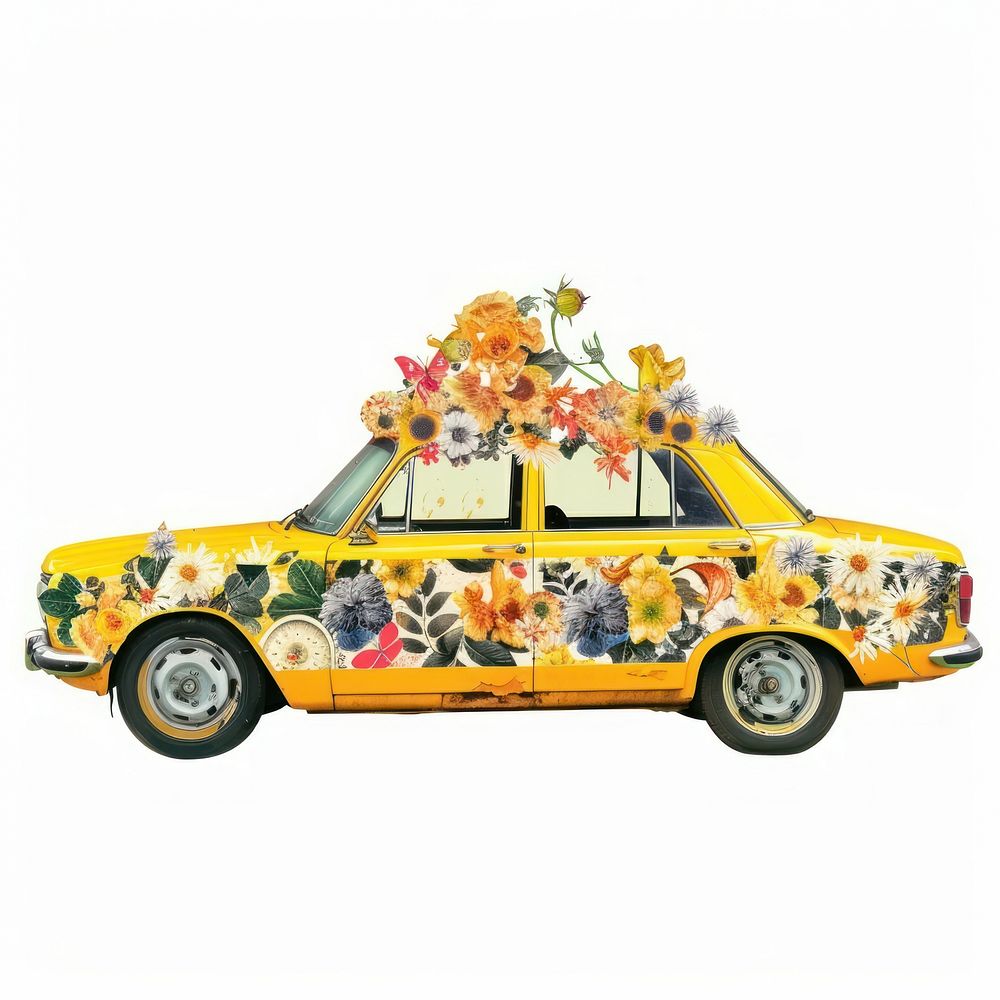 Flower Collage yellow taxi transportation automobile vehicle.