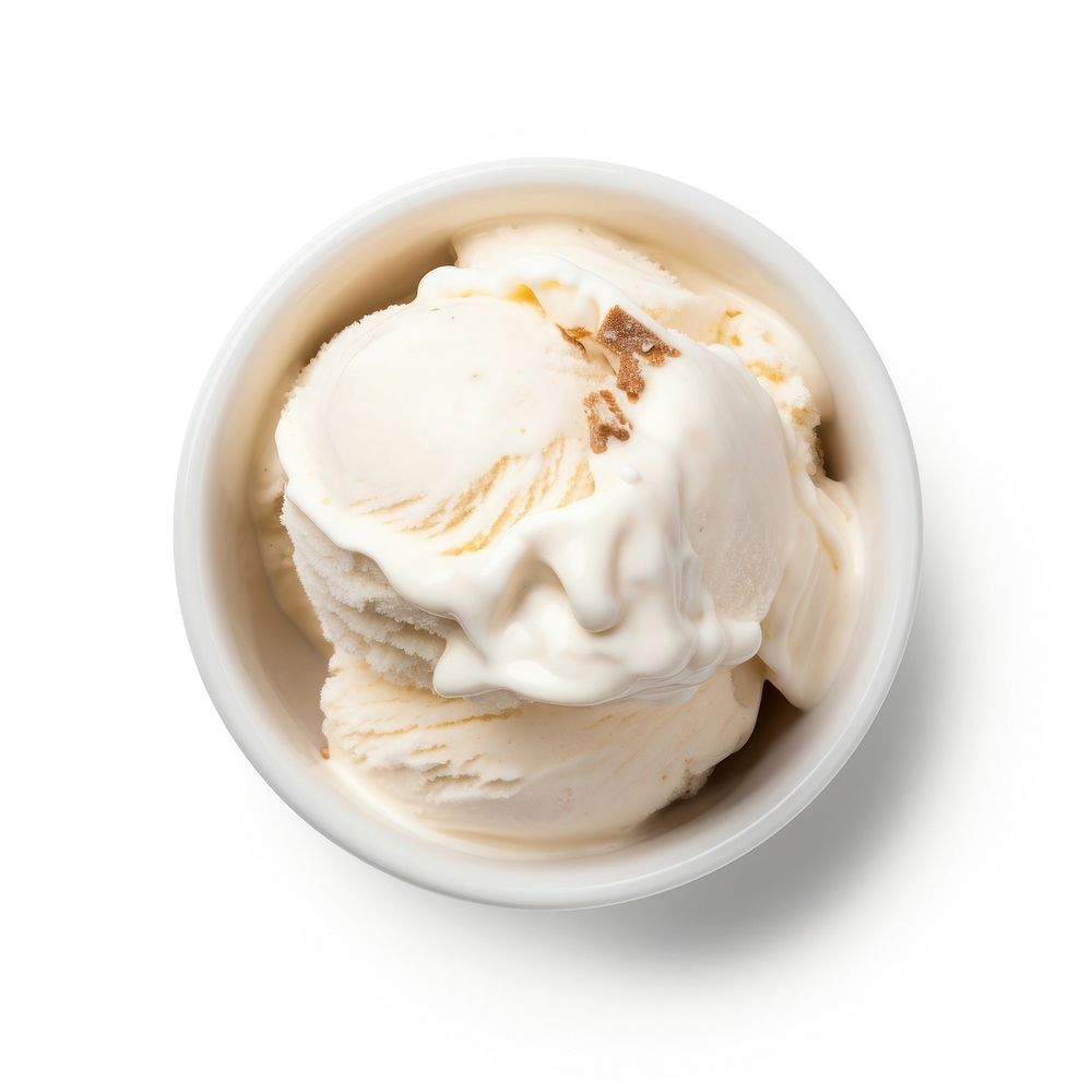 A 1 scoop vanila ice cream in white paper cup dessert food white background.