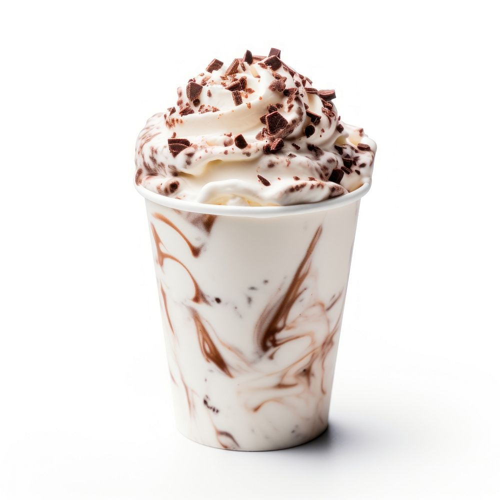 A 1 scoop chocolate ice cream in white paper cup dessert drink food.