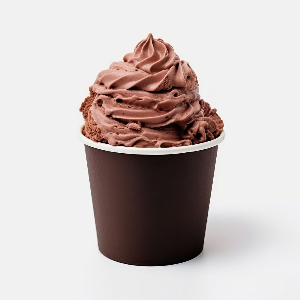 A 1 scoop chocolate ice cream in white paper cup dessert food white background.