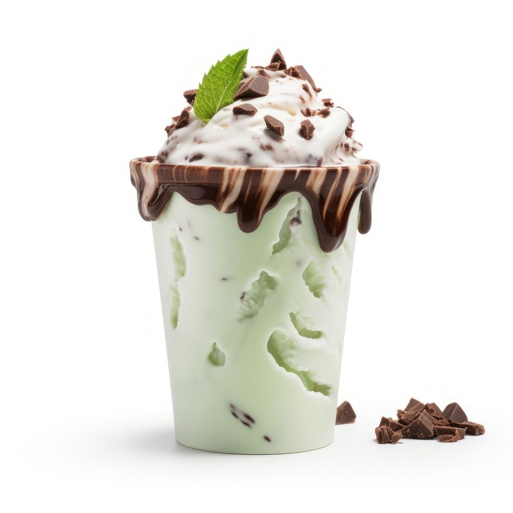 A 1 scoop chocolate mint ice cream in white paper cup dessert sundae drink.