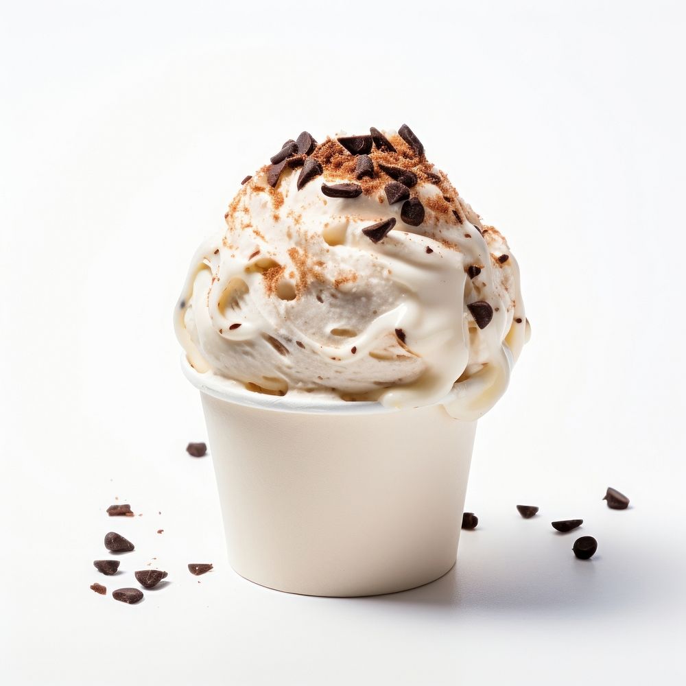 A 1 scoop cookie and cream ice cream in white paper cup dessert food white background.
