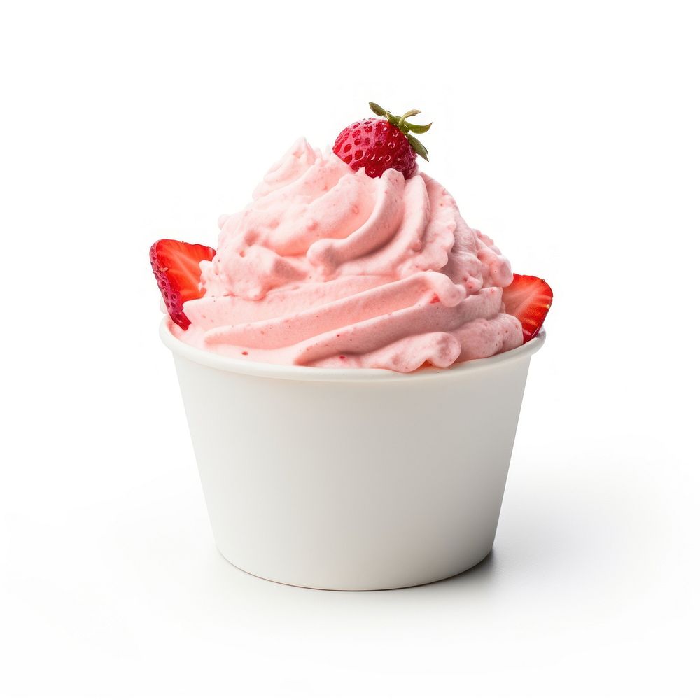 A 1 scoop strawberry ice cream in white paper cup dessert fruit food.